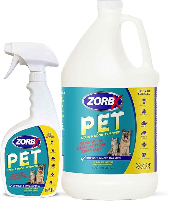 ZORBX Pet Stain and Odor Remover Spray - Dual Action Natural Enzyme Stain Remover & Pet Odor Neutralizer - Pet Stain Remover for Carpet, Dog & Cat Urine | Odor Absorber for Strong Odor (24 Oz + 128 Oz