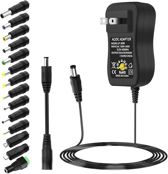 SHNITPWR AC Adapter 36W Universal Power Supply Adapter DC 3V ~ 12V Adjustable Power Converter 3V 4.5V 5V 6V 7.5V 9V 12V 500mA 1A 1.5A 2A 2.5A 3A with 14 Tips and Polarity Converter