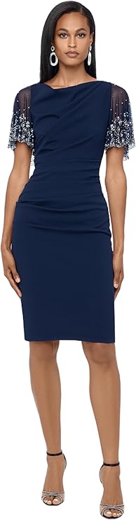 Betsy & Adam Women's Short Ruched Crepe w/Beaded Flutter Sleeve