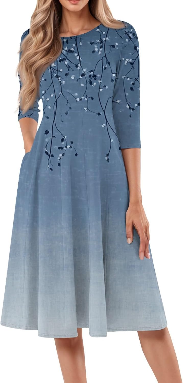 Spring Dresses for Women 2025 34 Sleeve Round Neck Church Dresses Pleated Knee Length Dress with Pockets Curvy Dress