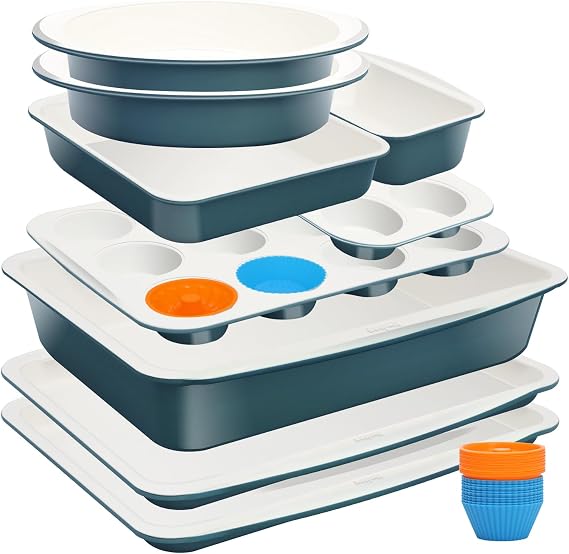 Ceramic Nonstick Baking Pans Set, Non Toxic 33 PCS Stackable Bakeware Sets, 550F Oven Safe Baking Sheet & Pans, Warp-Free, Dishwasher Safe, PTFE/PFOA/PFOS-Free (Blue)