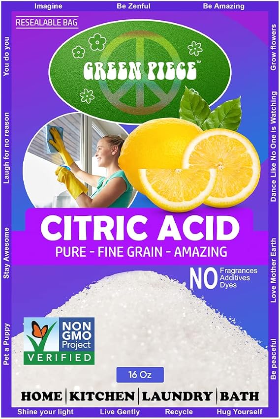 Green Piece Citric Acid - 100% Pure -Medium Grain 100% Natural 16 oz - Resealable Bag Made