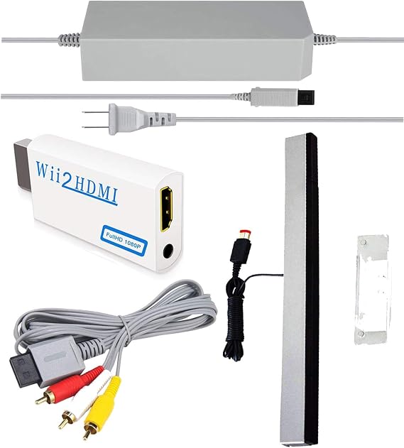 4 in 1 Wii Replacement Cables Set - AC Power Adapter, Wii to HDMI Converter, Wired Motion Sensor Bar and Composite AV Cable