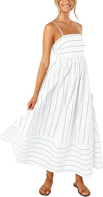 chouyatou Womens Striped Back Smocked Maxi Dress Sexy Spaghetti Strap Cut Out Flowy Swing Long Dress
