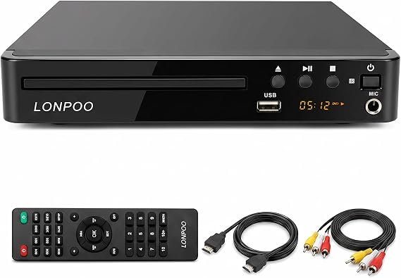 LONPOO Region Free DVD Player for TV 1080P Upscaling HDMI USB MIC Compact