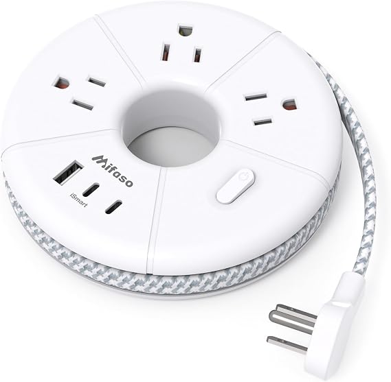 Flat Extension Cord, 5FT USB C Power Strip, Travel Power Strip - 3 AC 3 USB Ports (2 USB C) Desktop Charging Station, No Surge Protection for Cruise Ship Essentials, Dorm Room, Nightstand, Travel