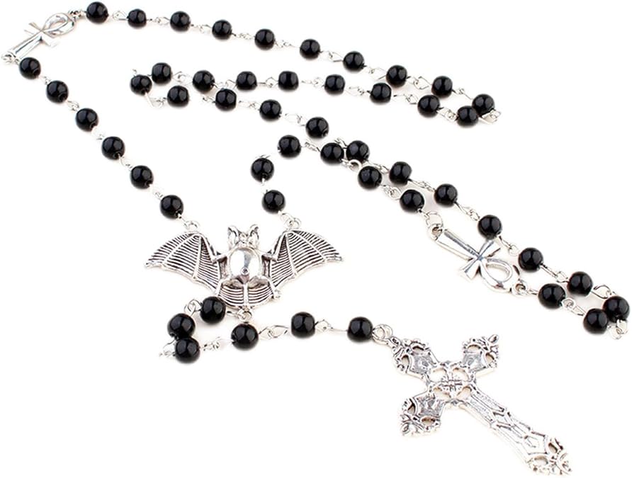 NUEAYMS Ankh Cross Black Beads Bat Necklace Punk Cool Long Rosary Beaded Necklace Gothic Cross Sweater Chain for Women Men