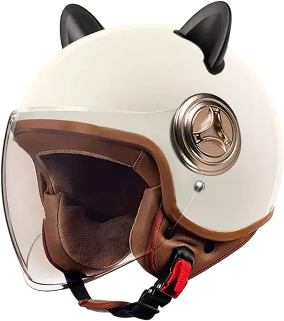 DOT Approved Retro Open Face 3/4 Motorcycle Half Helmet with Cat Ears Vintage Electric Bicycle Scooter Light Quick Buckle ATV Helmet for Moped Dirt-Bike Go-Kart Cruiser Chopper