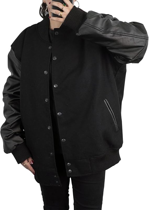 Womens Varsity Jacket - 90s Plus Size Black Baseball Bomber Oversized Letterman Jacket
