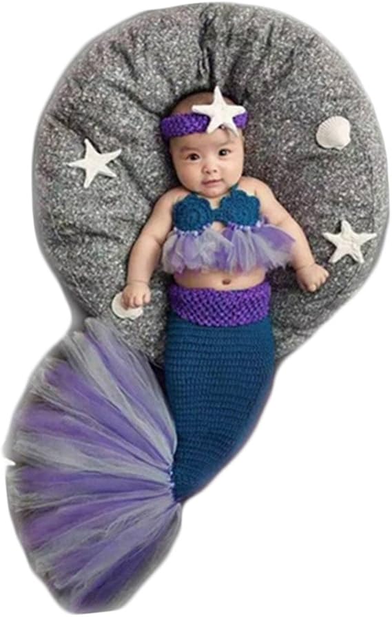 Newborn Monthly Baby Photography Props Outfits Crochet Mermaid Headband, Bra and Tail for Girls Photo Shoot Prop Blue