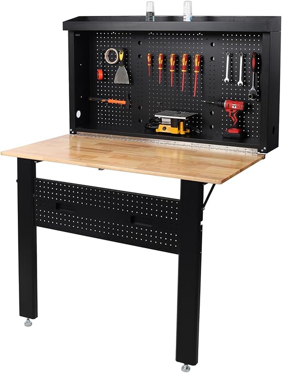 Wall Mounted Workbench with Foldable Design, Rubberwood Work Surface, Pegboard Tool Storage, 440 LBS Max Load, Compact Workbench for Garage, Workshop, and Small Spaces