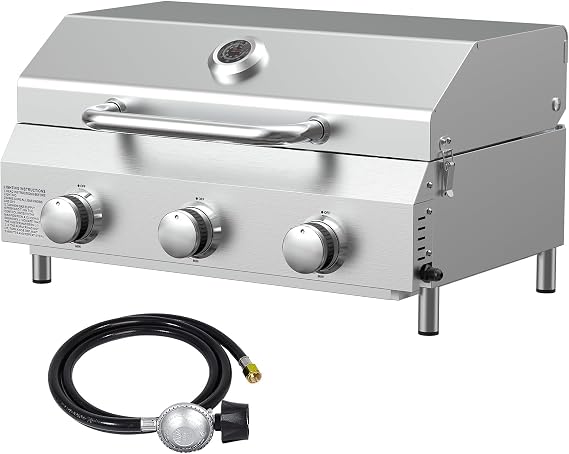 Bestfire 3-Burner Tabletop Gas Grill, 30,000 BTU Portable Propane Grill, Heavy-Duty Thickened Stainless Steel Grates & Knobs, Compact & Detachable Legs for Camping, RV&BBQ