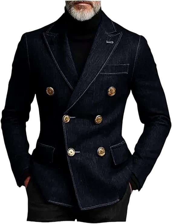 VENNYNG Men's Double Breasted Denim-Style Blazer Modern Thick Jacket Casual Outing Date Night Trendy Mens Fashion