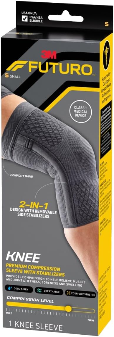 Futuro Premium Compression Knee Sleeve with Stabilizers, Removable Stabilizers, Advanced Customizable Compression Sleeve, for Mild Arthritis, Swelling, Soreness, Sprains, and Strains, Small