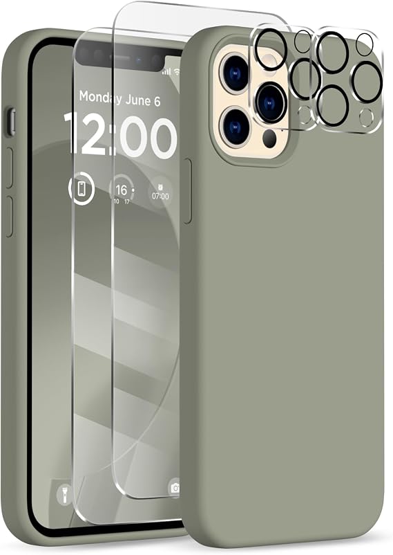 iPhone 12 Pro Max用ケース、カメラプロテクター2枚+スクリーンプロテクター2枚、フルボディシリコン耐衝撃保護カバー、 マイクロファイバー裏地付きスマホケース iPhone 12 Pro Max 6.7インチ用、カルケグリーン