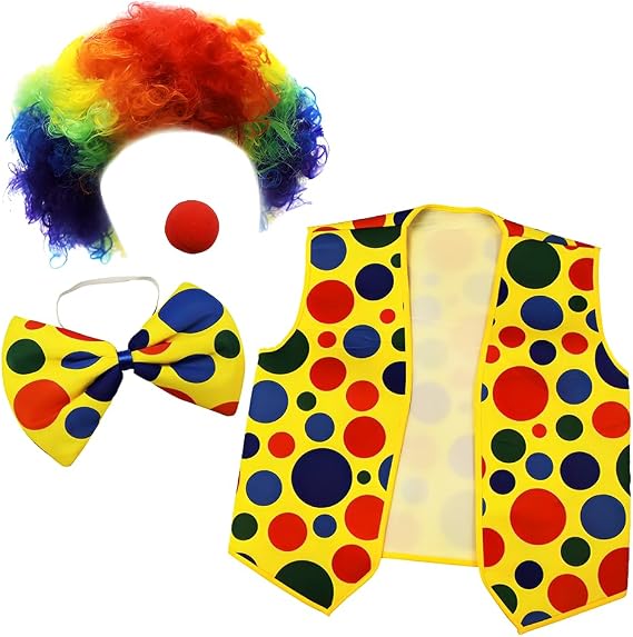 Clown Costume Set Wig, Nose, Bow Tie & Vest 4-Piece Dress-Up Clown Accessories for Party
