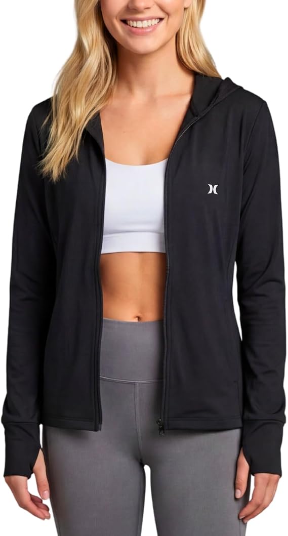 Hurley Women's Sun Hoodie Jacket, SPF 50+Protection Long Sleeve Sun Shirt | UPF 50+ Protection, Quick Dry, Zip-Front, Thumbholes, Inner Phone Pocket, Front Side Pockets, Lightweight, Active Jacket