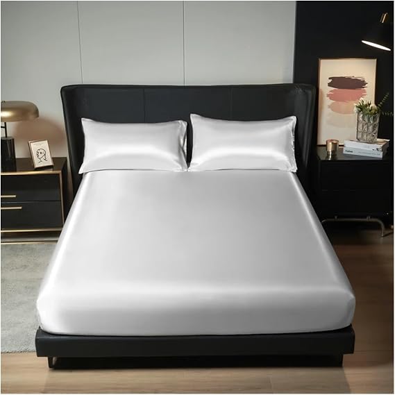 Fitted Sheet Smooth Fitted Bed Sheet Summer Cover Twin/Full/Queen/King Size Bedsheets Silky Mattress Protector(Color 3,160x200cm 3pcs Set)