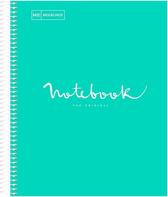 Miquel Rius M Emotions 1 Subject Notebook, Lined 11" x 8.5", 80 Sheets Heavy Weight Paper, 3 Hole Punched, Micro-Perforated, Turquoise Board Cover, Blue