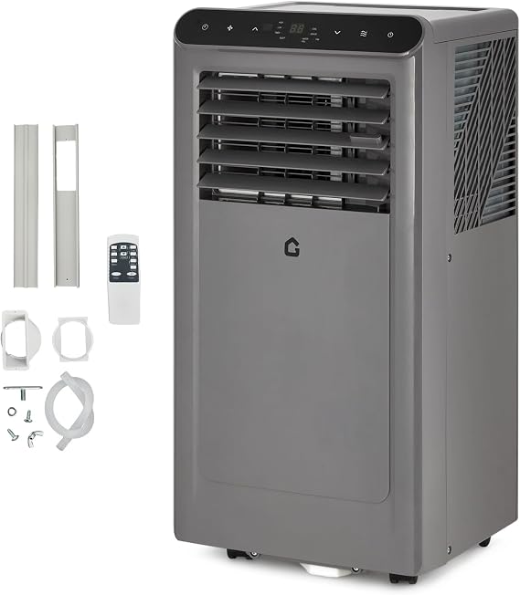 Portable Air Conditioner with Remote Control, 8000 BTU for Rooms Up to 350 Sq. Ft. 3-In-1 Quiet AC, Dehumidifier, and Fan  with Window Installation Kit, 24-Hour Timer, and Sleep Mode,Grey