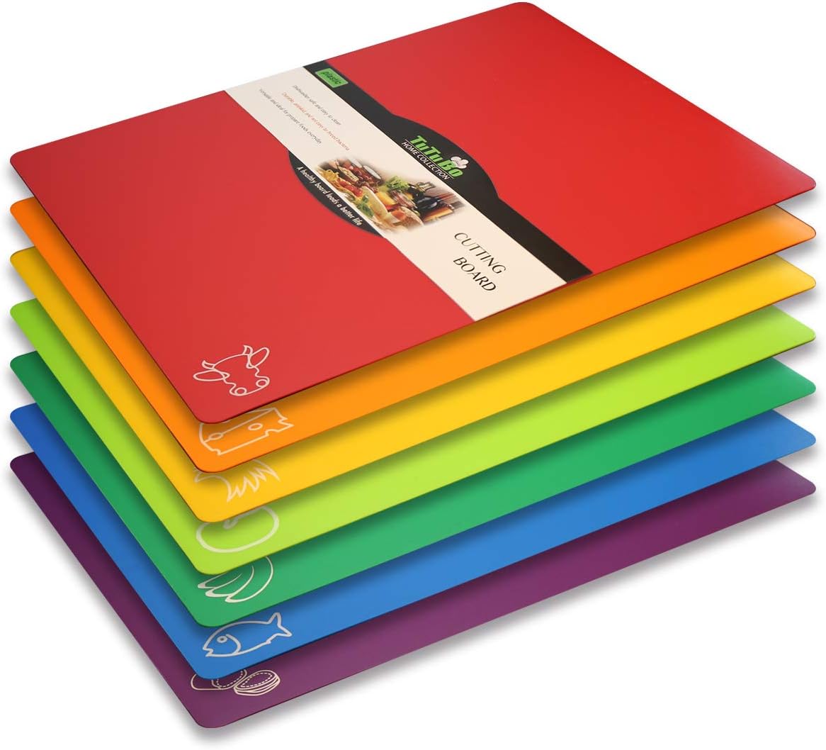Chopping Board Set Flexible Plastic Colored Mats with Food Icons, BPA-Free Cutting Boards, Non-Porous, Dishwasher Safe, Set of 7