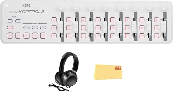 Korg nanoKONTROL2 Slim-Line USB Controller - White Bundle with Headphones and Austin Bazaar Polishing Cloth