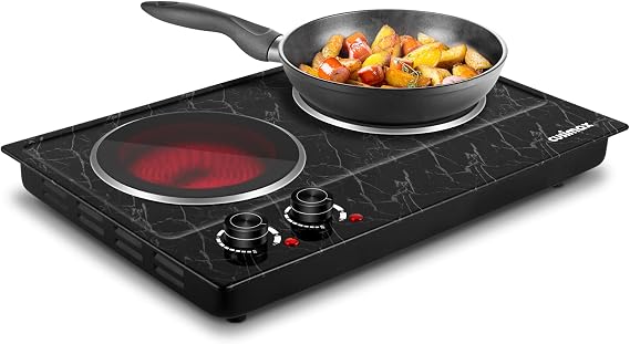 CUSIMAX Double Burner Electric Hot Plate for Cooking, 1800W, Black Marble