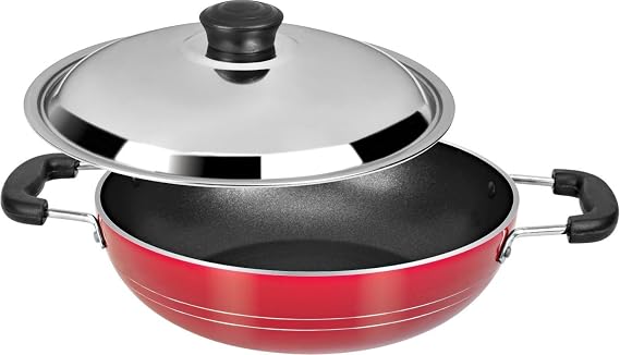 G&D Deep Kadai Nonstick Coating Kadhai Wok Skillet Fry Pan with Steel Lid 2.6 mm Pan Diameter 8.5 Inch