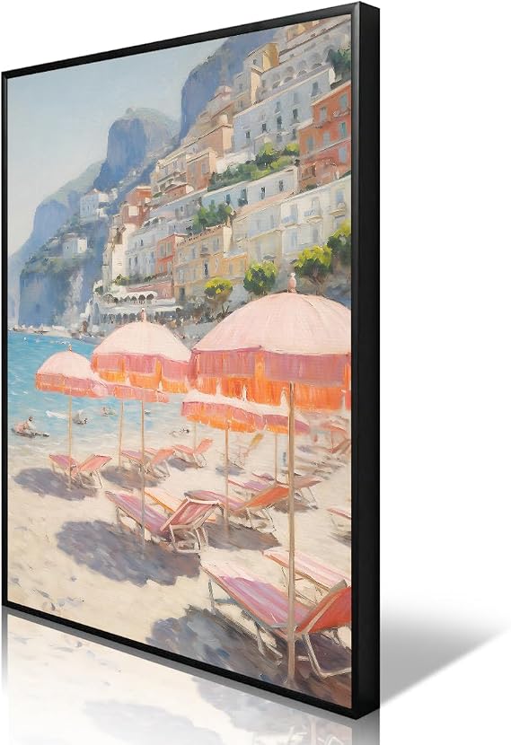 Xianyojafa Summer Beach Canvas Wall Art, Italy Amalfi Coast Landscape Poster, Pastel Pink Endless Summer Coastal Print, Vintage Beachy Vibe Umbrella Painting for Girls Bedroom 24x36in Wrapped Canvas