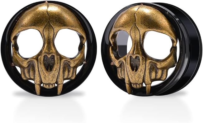2PCS Stainless Steel Ear Gauges Tunnels Expander Vintage Black Gold Skull 0g-1 inch Body Piercing Jewelry
