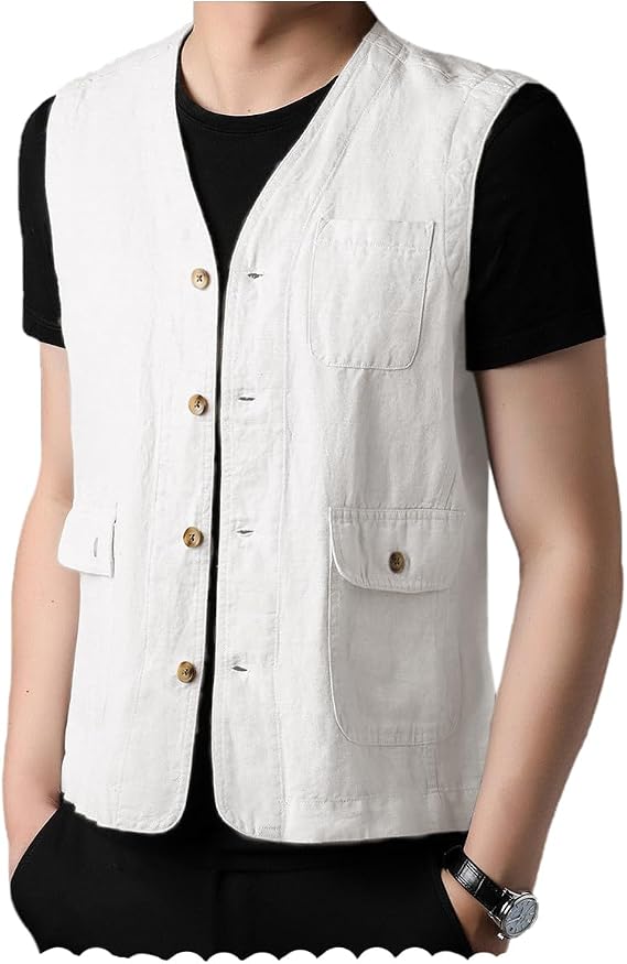 Men's Suit Linen Vest Casual Lightweight Waistcoat Cotton Jacketsleeveless