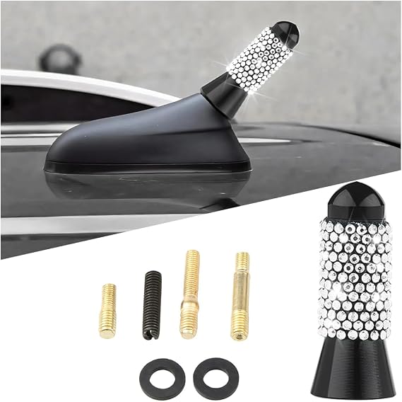 Bling Car Bullet Antenna, Crystal Rhinestone Automotive Radio Antenna for FM AM, Sparkling Vehicle Exterior Accessories for Women Girls, Universal for RV, SUV, Truck (White)