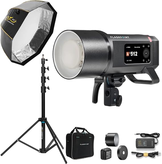 Flashpoint XPLOR 600w PRO II TTL R2 2.4GHz Battery-Powered All-in-One Outdoor Flash, Bundle with, 48" EZ Lock XL Softbox with Bowens Mount + 9' Air-Cushion Heavy-Duty AutoStand, Black (1)