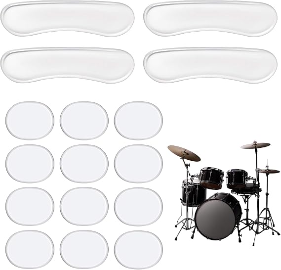 Drum Dampeners Drum Damper Gel Moon Gel for Drums Silencer Pads Oval and Long Strip Gel-Based Sound Dampening for Cymbals Tone Control Drums Percussion Instruments 16 Pcs Silicone Transparent