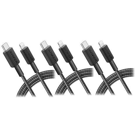Anker 322 USB-C to Lightning Cable Braided MFi Certified iPhone Charger Cord for iPhone 15, 14, 13, 12, 11, iPad, AirPods Durable Fast Charging Data Sync Cable Long Length Black, 6ft, Pack of 3