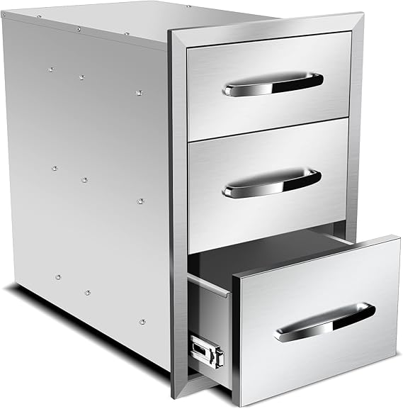 Outdoor Kitchen Drawers 14W x 21H x 21D Inch, Stainless Steel Access Drawer Flush Mount BBQ Triple Drawers for Outdoor Kitchen Island or Grill Station
