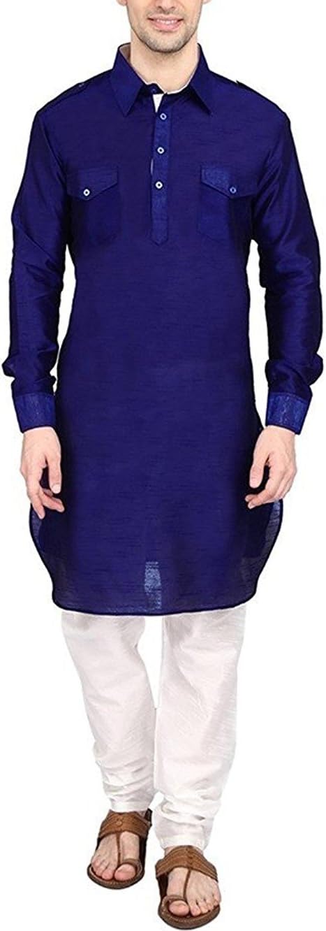 Royal Kurta Men's Silk Blend Pathani Kurta Churidar Set 44 Blue