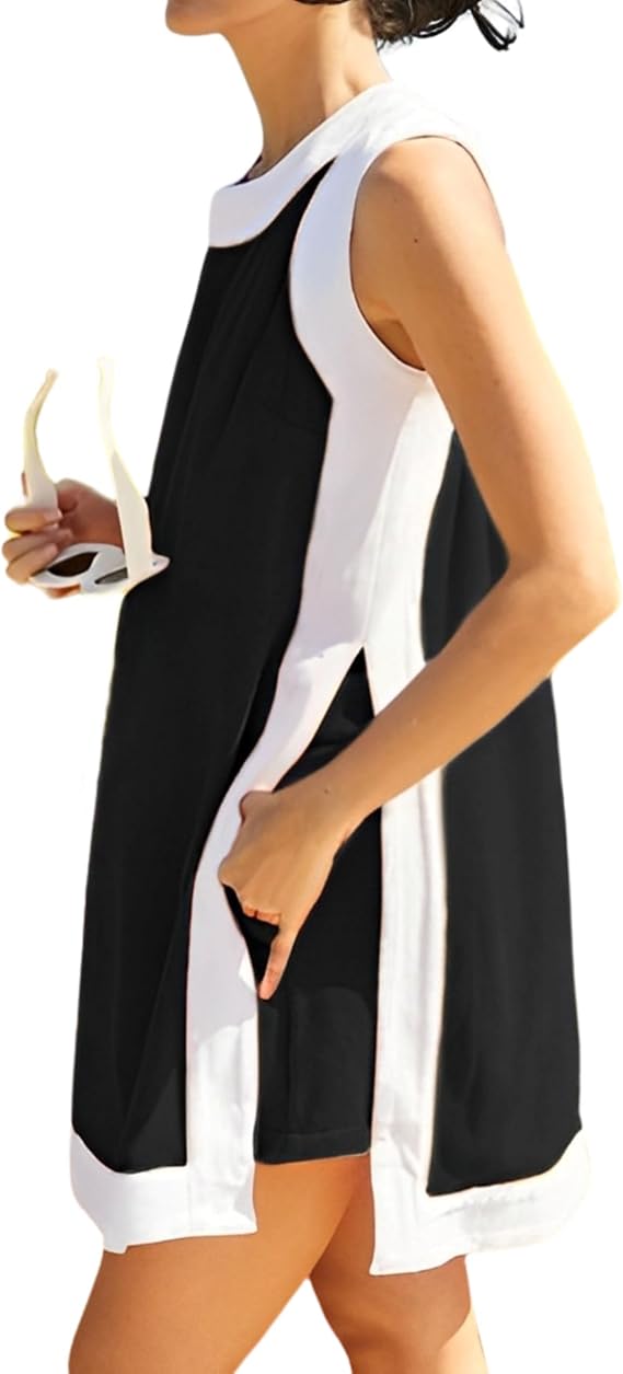 Womens 2 Piece Sets Boho Color Block Dress Summer Casual Sleeveless Crewneck Tops Shorts Matching Set with Pockets