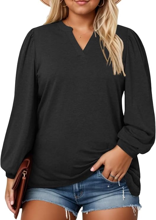 Plus-Size-Tops for Women Dressy Puff Lantern Long Sleeve Shirts Cute Notch V Neck Casual Tunic Blouses XL-5XL