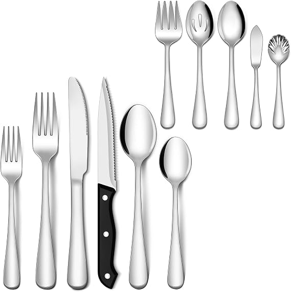 EUIRIO 77-Piece Silverware Set with Steak Knives and Serving Utensils, Heavy Duty Stainless Steel Flatware Set for 12, Tableware Cutlery Set, Food-Grade Utensil Sets, Mirror Finish, Dishwasher Safe