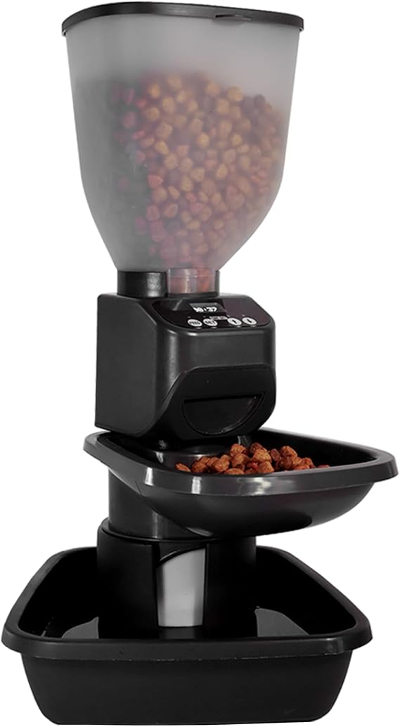 Feeding Friend Automatic Dog & Cat Food Feeder with Water Dispenser Smart Pet Feeder with Portion Control, OLED Display, Anti Jam Design, Battery Operated Dispenser for Medium Pets 15-30 - Black