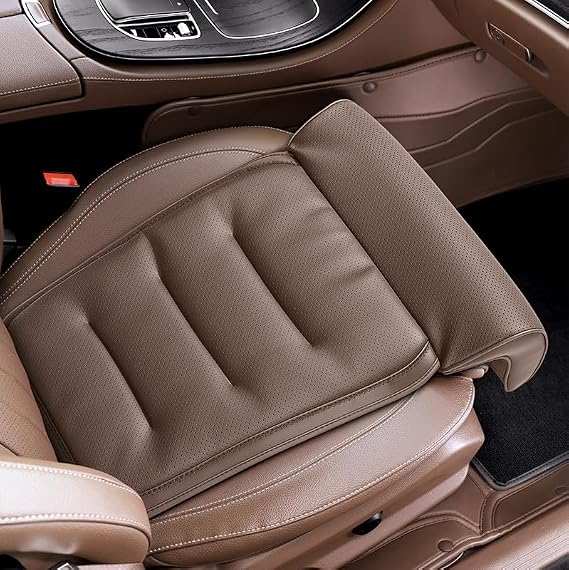Premium Nappa Leather Car Seat Cushion Leg Extender, Slow Rebound Memory Foam Seat Pad for Long Drives, Ergonomic Thigh Support & Knee Relief, Breathable Automotive Interior Accessories (Brown)