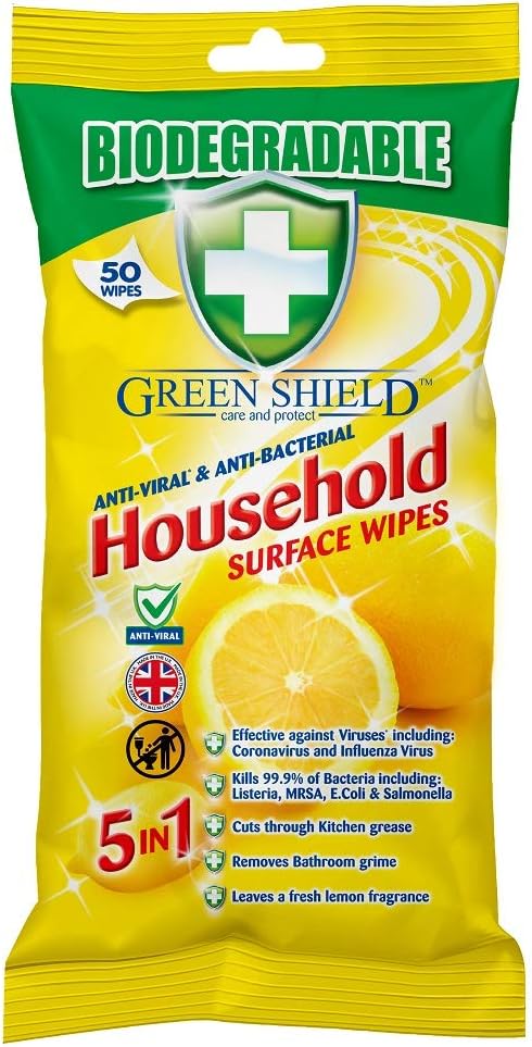 GreenShield Biodegradable Antiviral and Anti-Bacterial Surface Wipes for Home, 50 Wipes