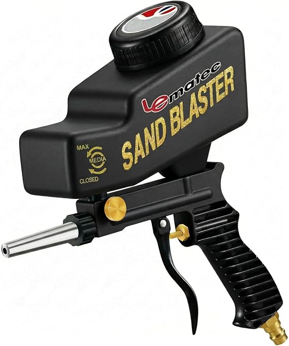 LE LEMATEC Portable Sand Blaster Gun Kit, Pneumatic Tool for Rust Removal | Glass etching, paint stripping, surface prep, deburring, steel nozzle, gravity feed, 90 PSI, model AS118