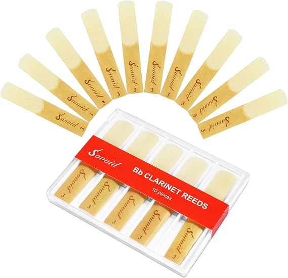 10 Pack Bb Clarinet Reeds with Plastic Box, Strength 3.0 Reeds for Clarinet, Thinner Reed Tip & Unfiled Cut for Easy of Play, Traditional Reeds for Clarinet Beginner and Player