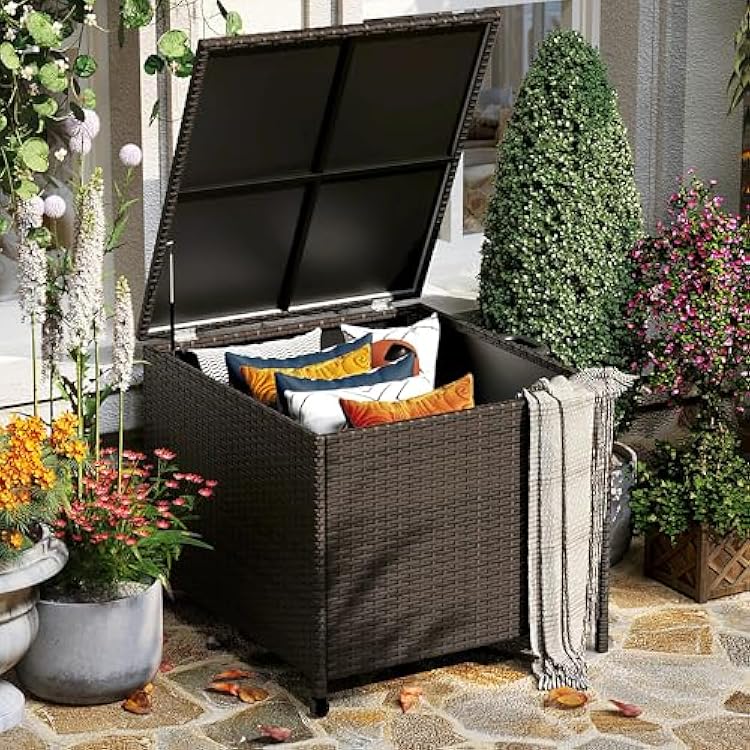 80 gal Deck Box, Outdoor Patio Storage Box, Wicker Patio Deck Boxes with Lid, Waterproof and Weather-resistant, Outdoor Furniture for Cushion,Pillows,Indoor, Pool, Balcony, Yard, GardenBrown