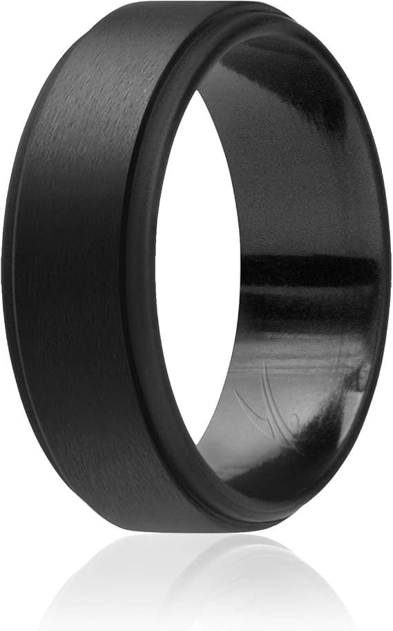 ROQ Silicone Rubber Wedding Ring for Men, Comfort Fit, Men's Wedding Band, Breathable Rubber Engagement Band, 8mm Wide 2mm Thick, Step Edge, Single, Black, Size 16