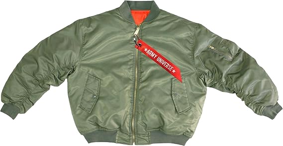 Army Universe Sage Green MA-1 Military Flight Jacket, Reversible Air Force Bomber Pilot Jacket + Red Streamer