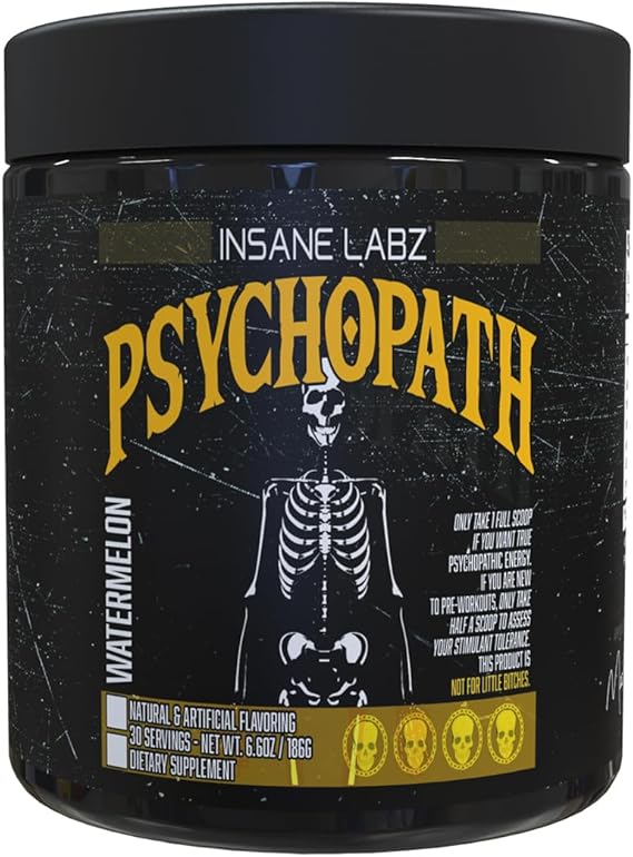Psychopath, High Stimulant, Insane Energy, Focus and Endurance Preworkout Powder with Panax Ginseng, Rhodiola, Red Sage Root & Rauwolfia (30, Watermelon)