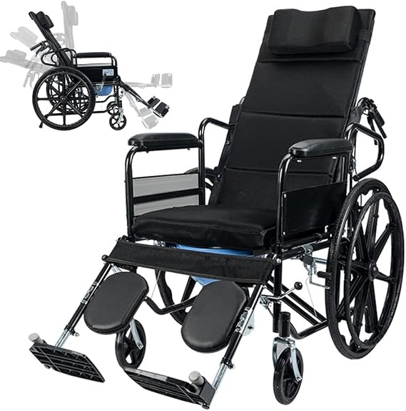 Reclining Wheelchair, 180 Reclining Wheel Commode Folding Bathroom Shower Chair Bedside Commode Toilet Chair, Lightweight Sport Wheelchair for Adults Handicap Elderly
